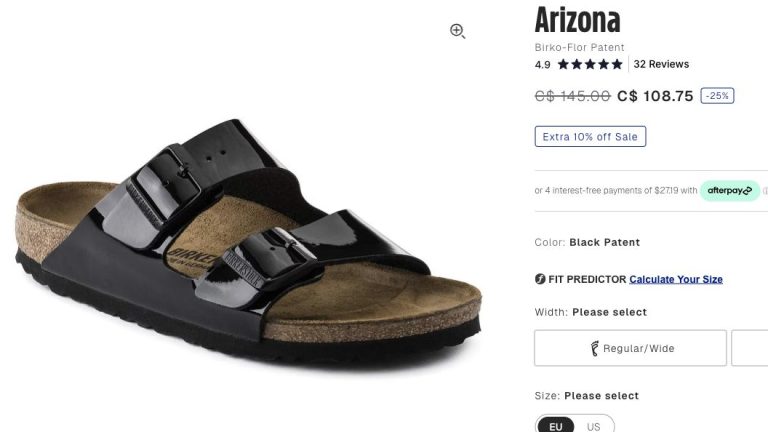 BIRKENSTOCK Arizona 黑色漆皮凉鞋官方页面，原价 C$145，优惠价 C$108.75。