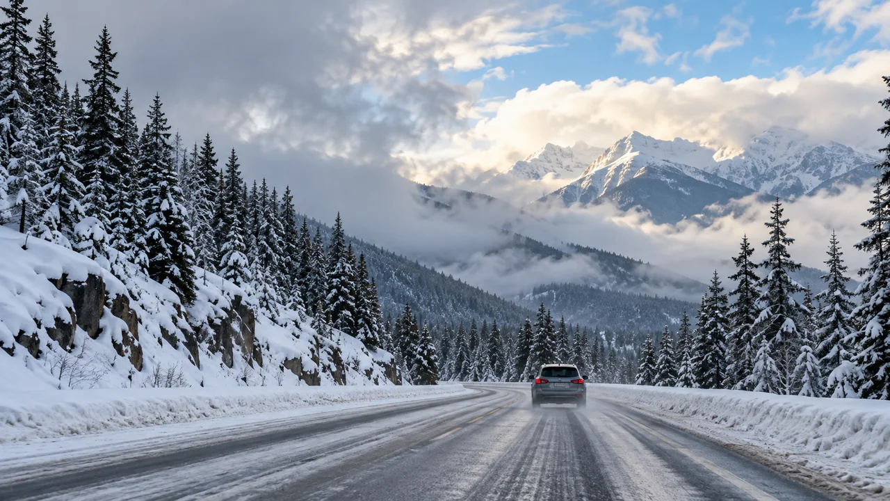 冬季汽车行驶在 BC 山区积雪公路上