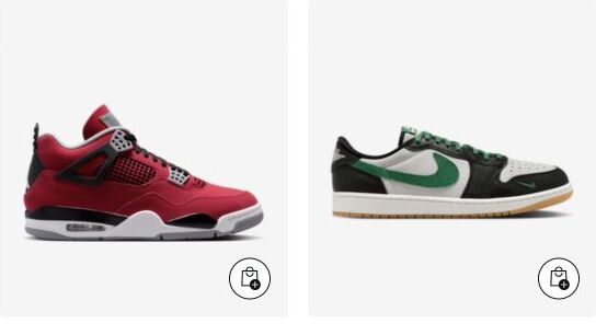 Foot Locker Canada 官方 Great Deals 页面中的红色 Jordan 和绿色 Nike 鞋款。